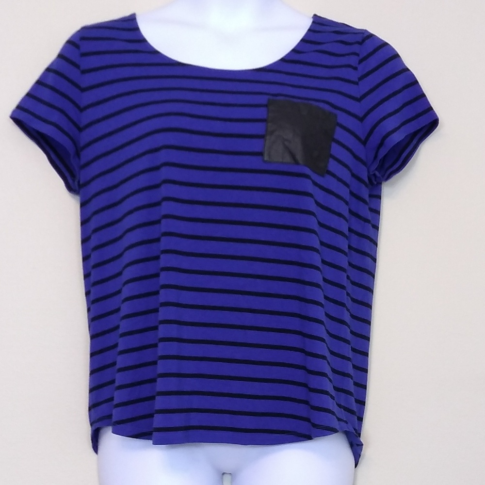 Blue with black stripe shirt w faux leather pocket